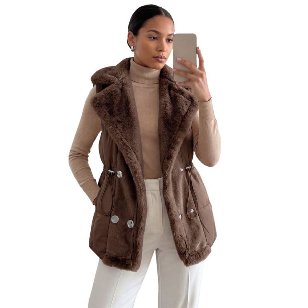 Women Quilted Puffer Plush Splicing Lapel Collar Drawstring Vest Coffee